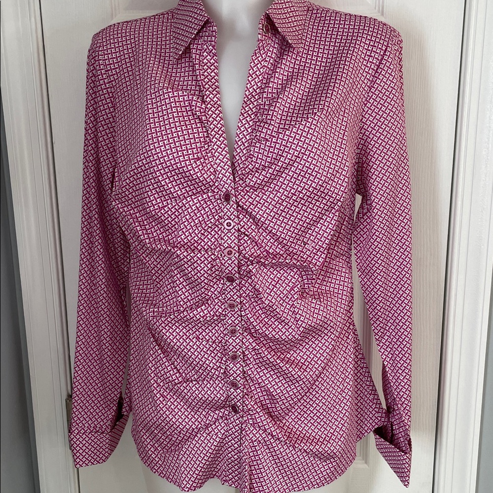 NEW YORK & Co PINK & WHITE LONG SLEEVE BUTTON UP FRONT COLLARD BLOUSE SHIRT SZ L